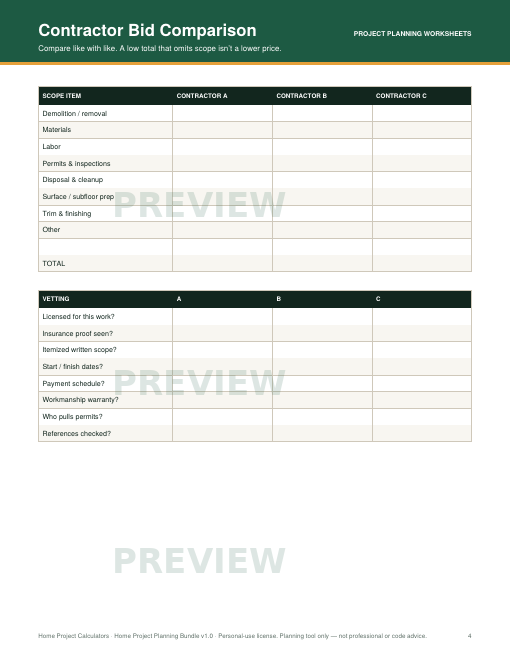 Preview: Contractor bid comparison worksheet